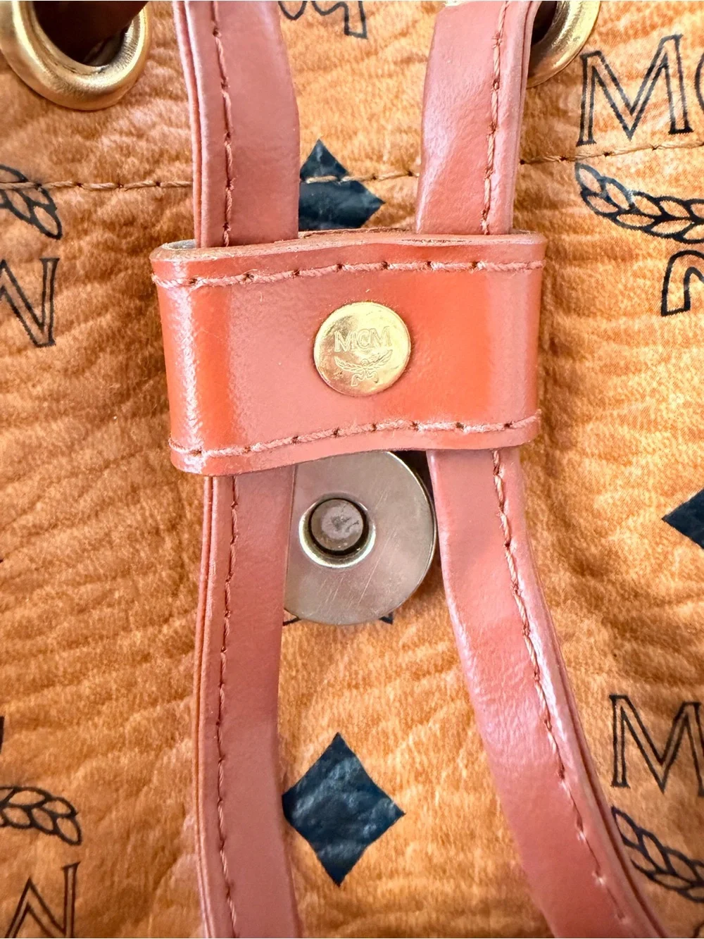 MCM Cognac Visetos Monogram Drawstring Backpack with Black Accents